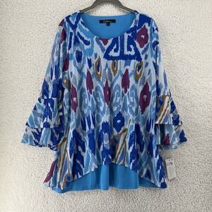 Calessa Women's Large Blue Ikat Abstract Tiered Bell Sleeve Blouse Artsy